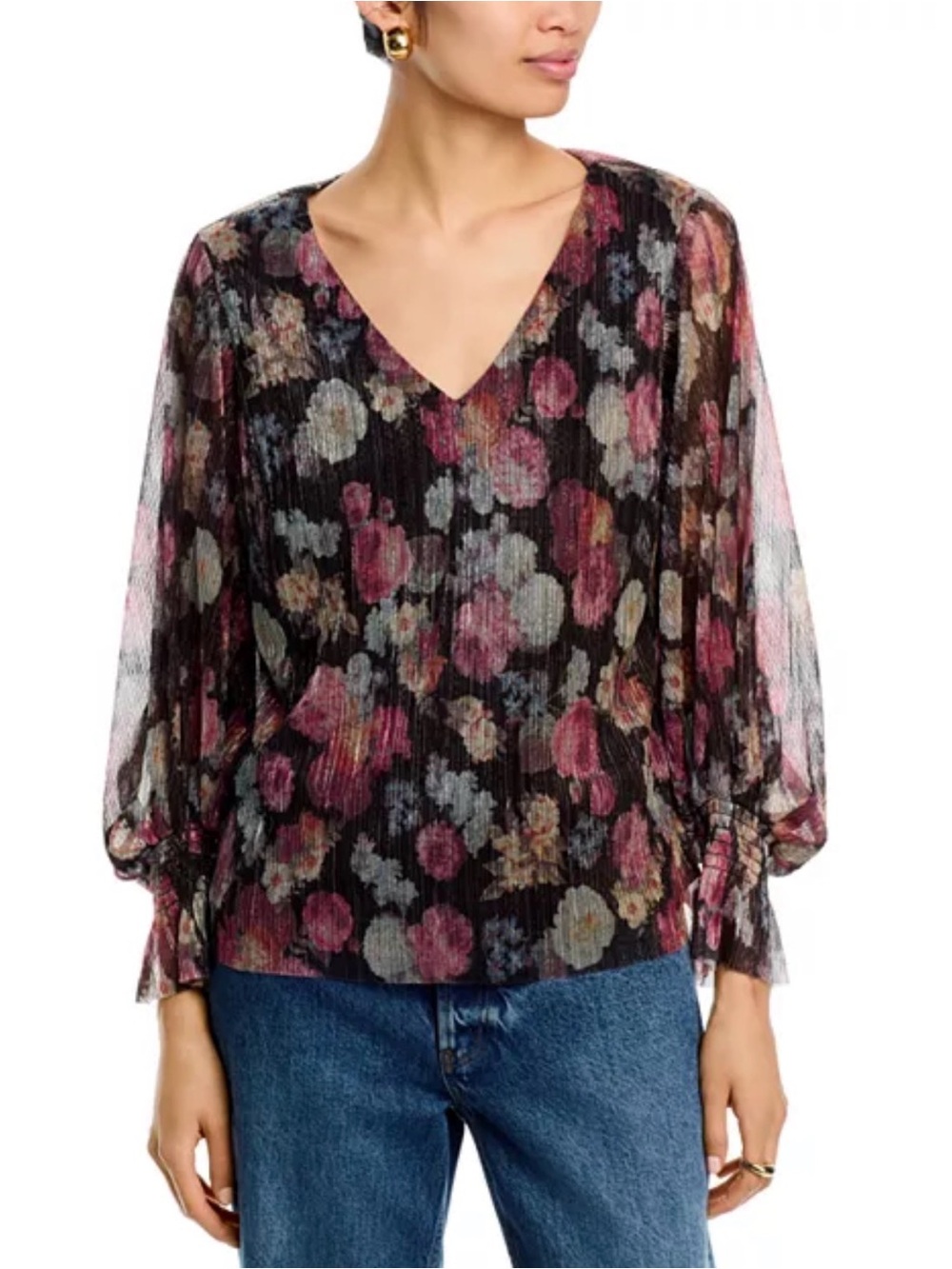 Sheer Floral V-Neck Blouse in Black and Pink size XL